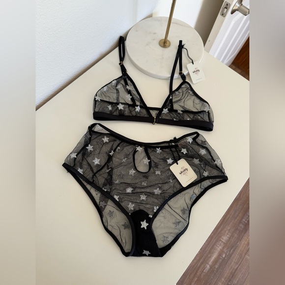 New Le Petit Trou Set Black Sheer Silver Star Embellished Lingerie Set - Picture 8 of 11